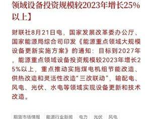两部门：实施能源重点领域大规模设备更新