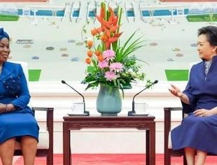 彭丽媛同赤道几内亚总统夫人康斯坦西娅茶叙